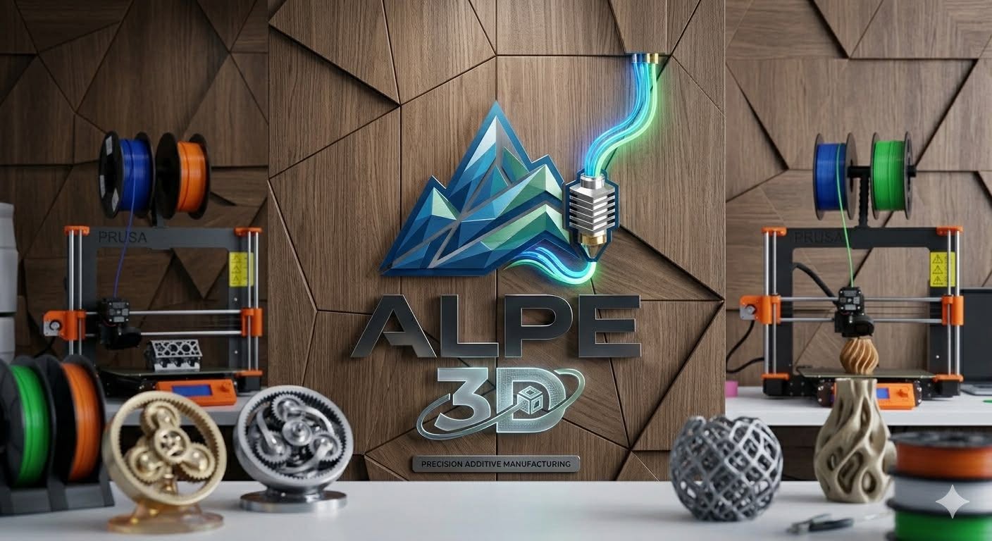 Oficina da ALPE 3D com impressoras 3D e peças impressas